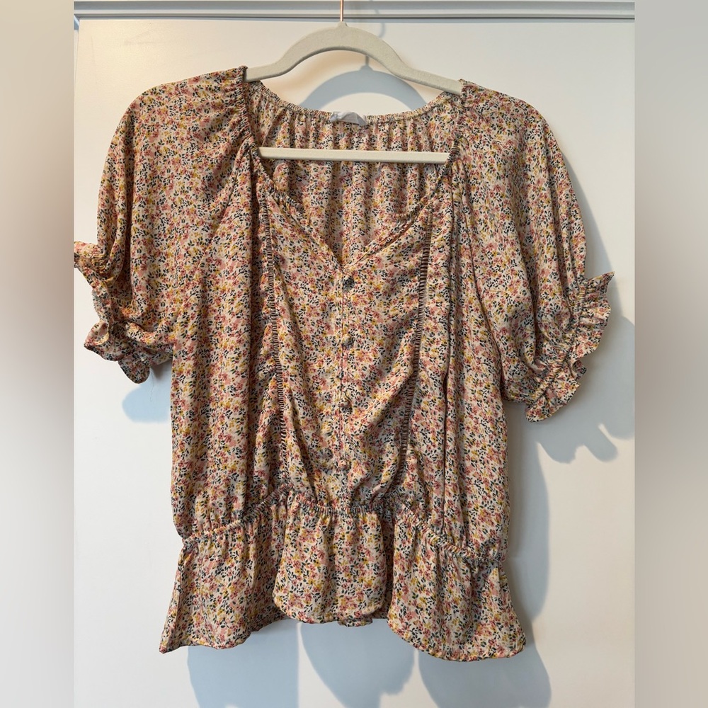 Sienna Sky Floral Ruffle Short Sleeve Women's Top / Blouse elastic waistband